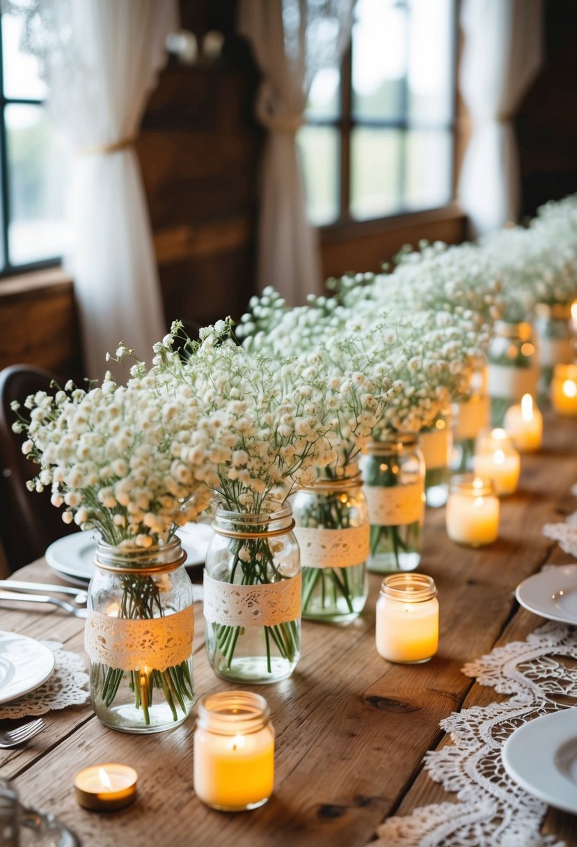 A rustic wooden table adorned with delicate white Baby's Breath arrangements in mason jars, surrounded by flickering tea lights and vintage lace accents