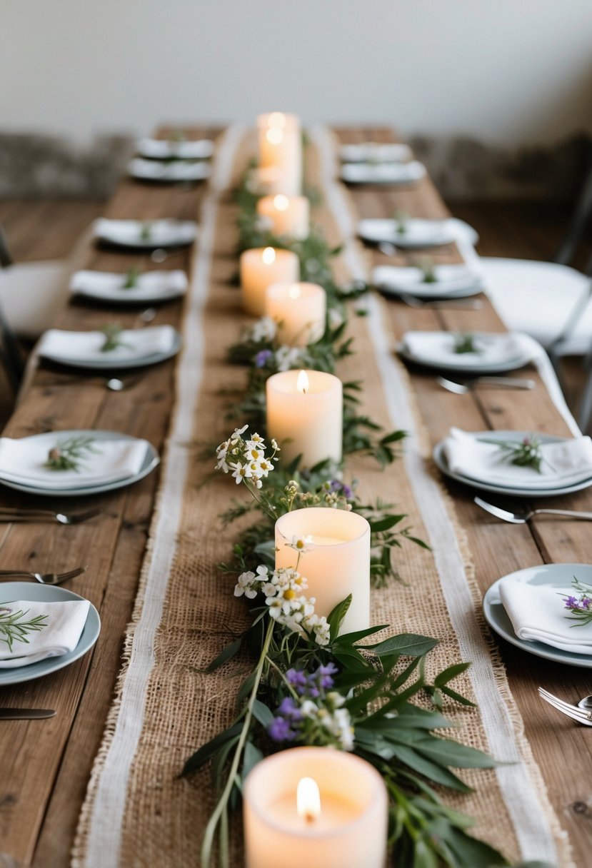 A rustic table set with jute and cheesecloth blend runners, adorned with delicate wildflowers and candles