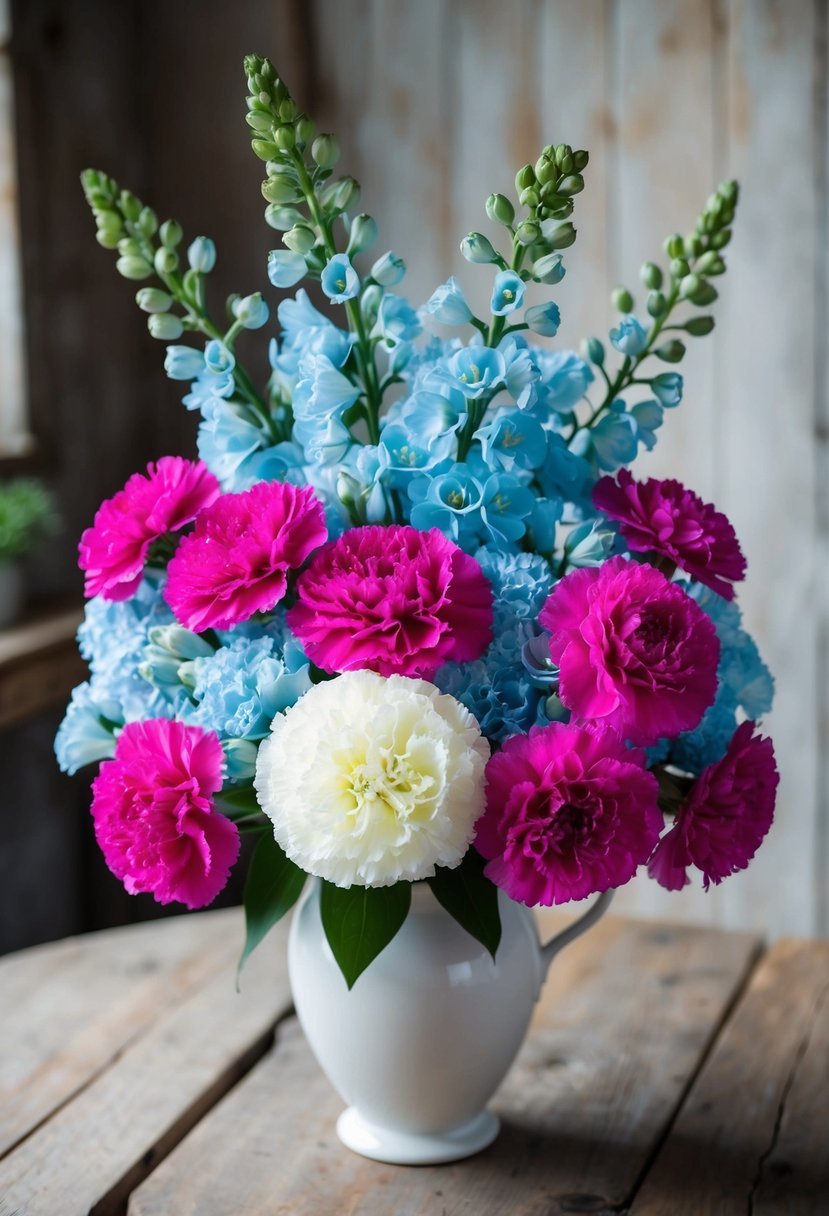 A vibrant bouquet of bright carnations and light blue delphiniums arranged in a white vase on a rustic wooden table