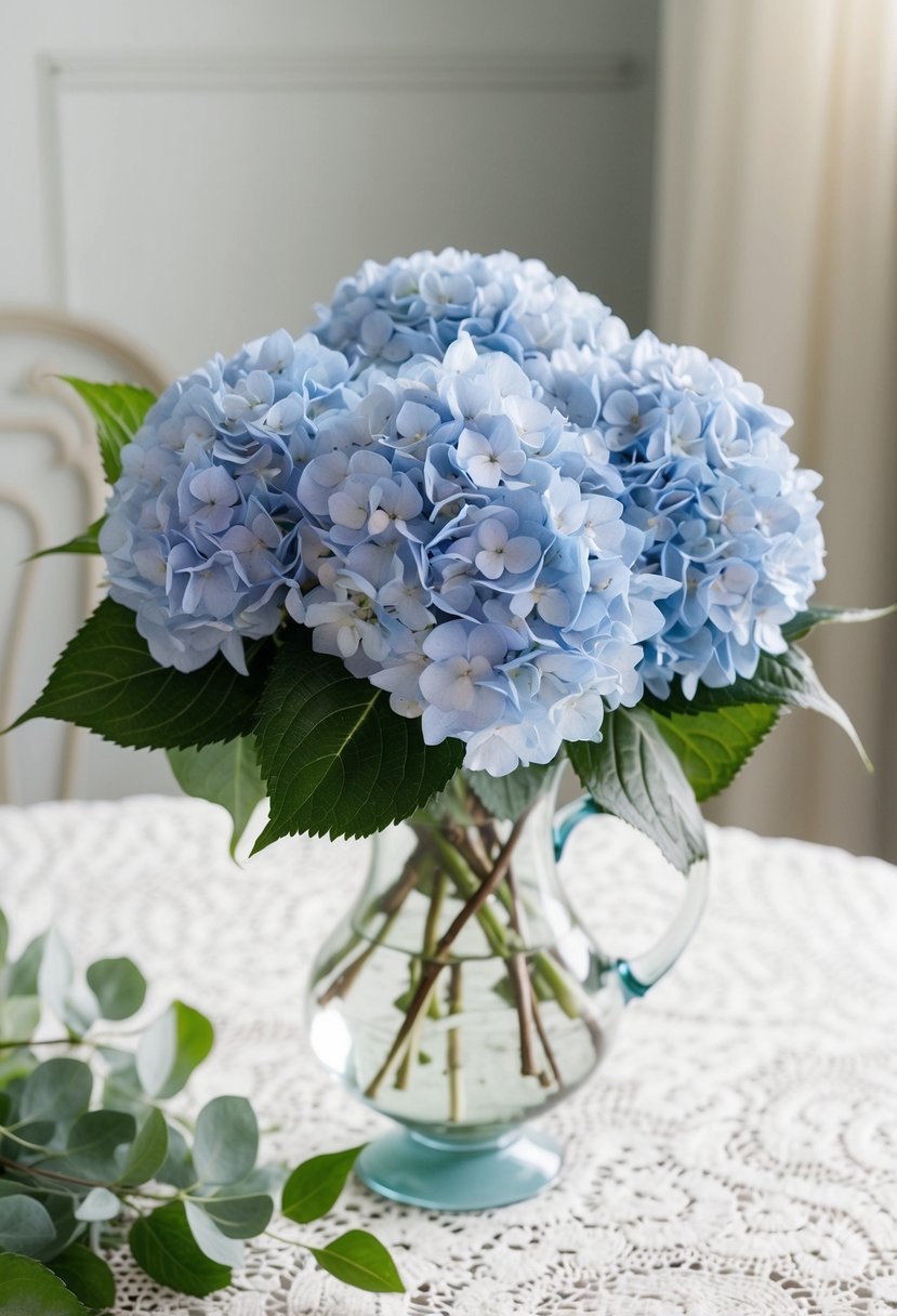 A delicate pastel blue hydrangea arrangement in a glass vase, surrounded by soft green foliage and placed on a white lace tablecloth