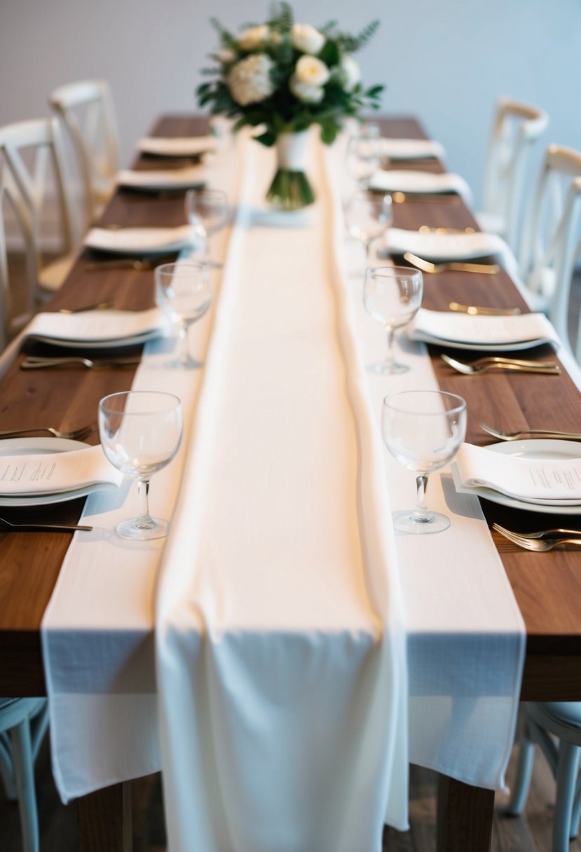 A long white cheesecloth runner drapes elegantly across a wooden wedding table, with delicate folds and soft, flowing edges