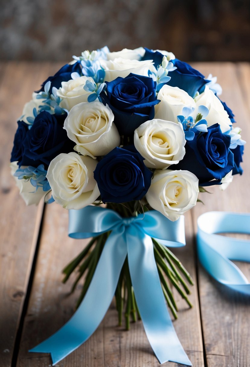 A bouquet of navy and white roses with light blue accents, tied with a satin ribbon, sits on a rustic wooden table