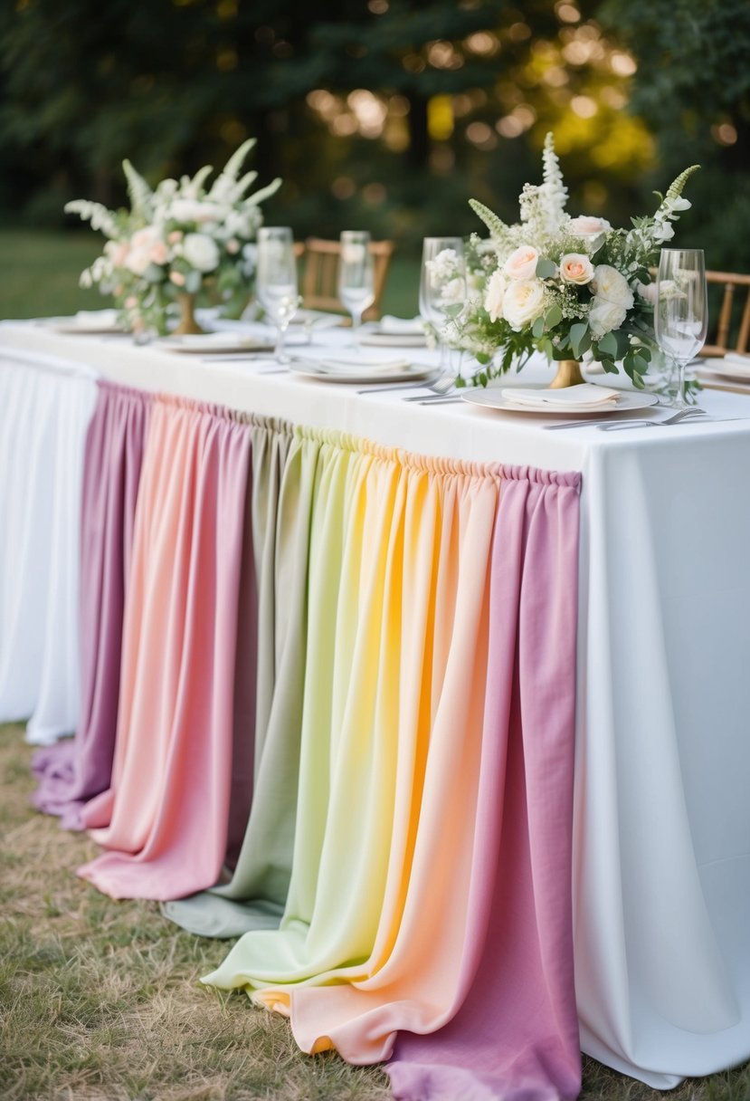 A table adorned with hand-dyed ombre cheesecloth cascading down the sides, creating an elegant and ethereal wedding decoration