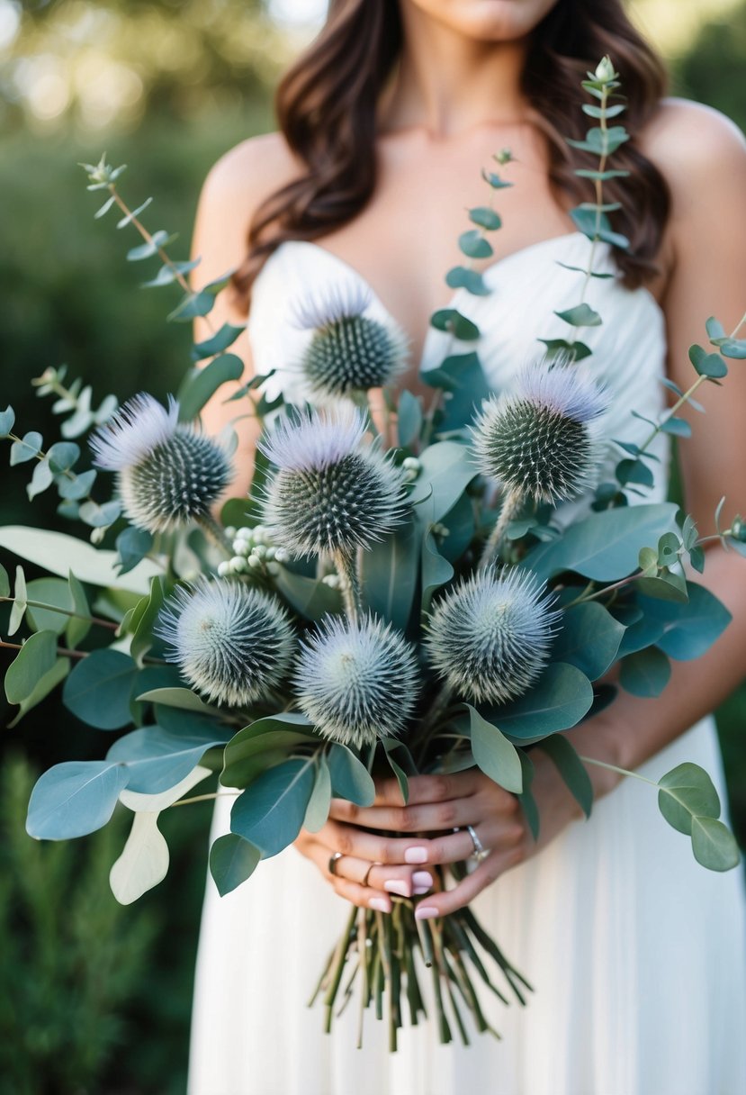 A delicate mix of light blue thistle and eucalyptus arranged in a flowing wedding bouquet