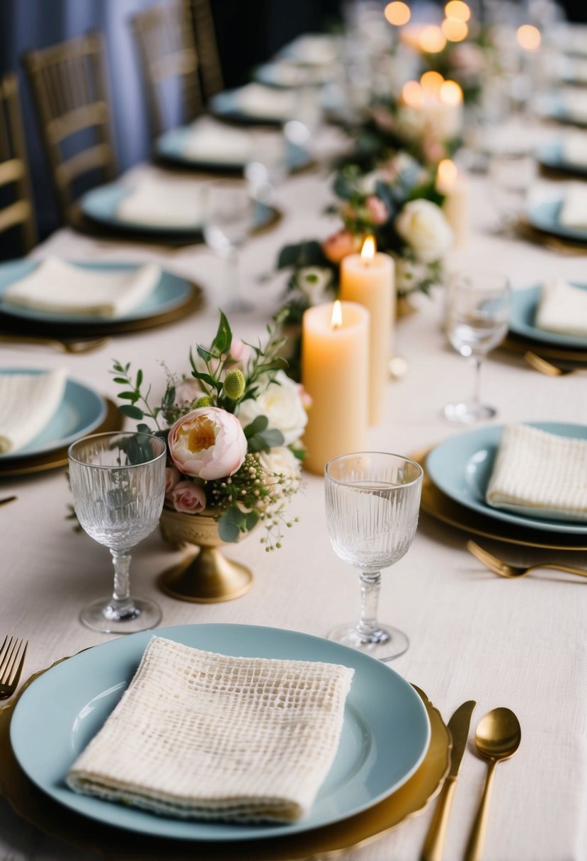 A table set with textured cheesecloth napkins, adorned with delicate floral centerpieces and flickering candles