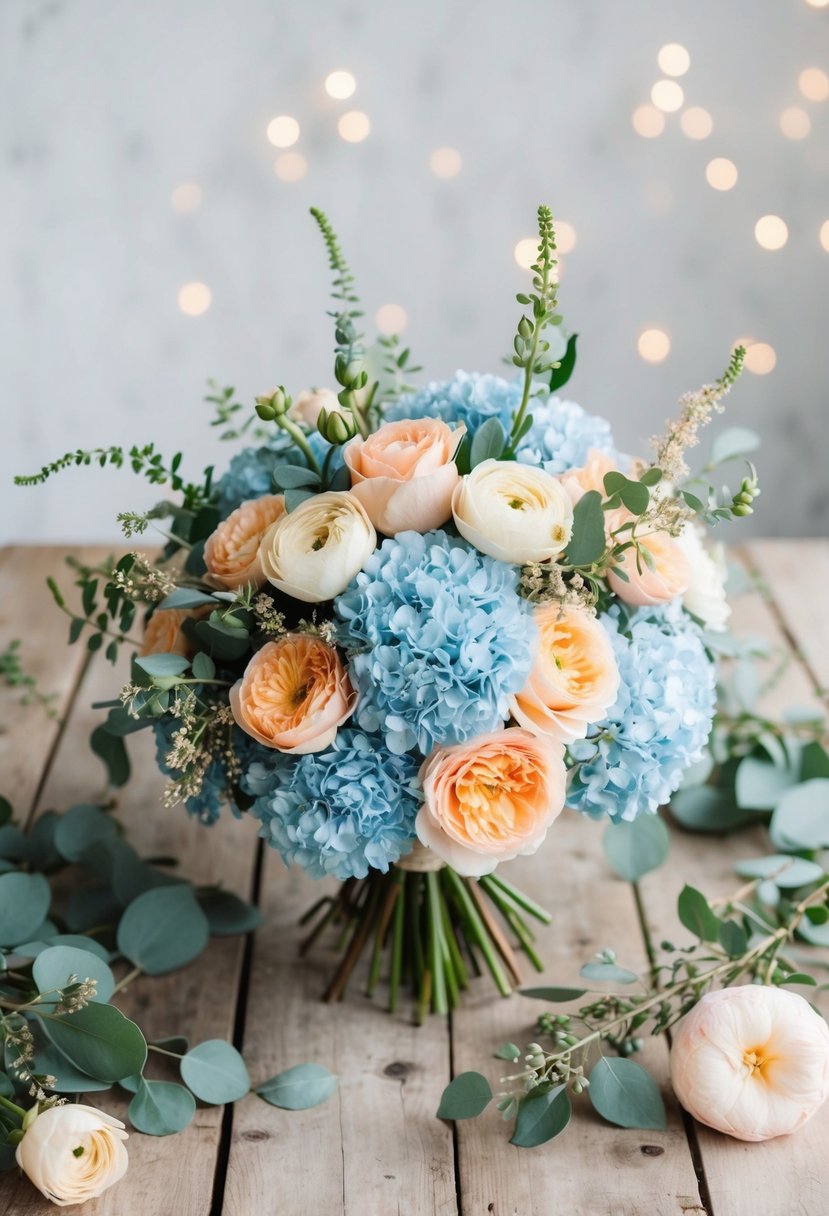 A light blue bouquet with peach accents sits on a rustic wooden table, surrounded by delicate greenery and soft pastel flowers