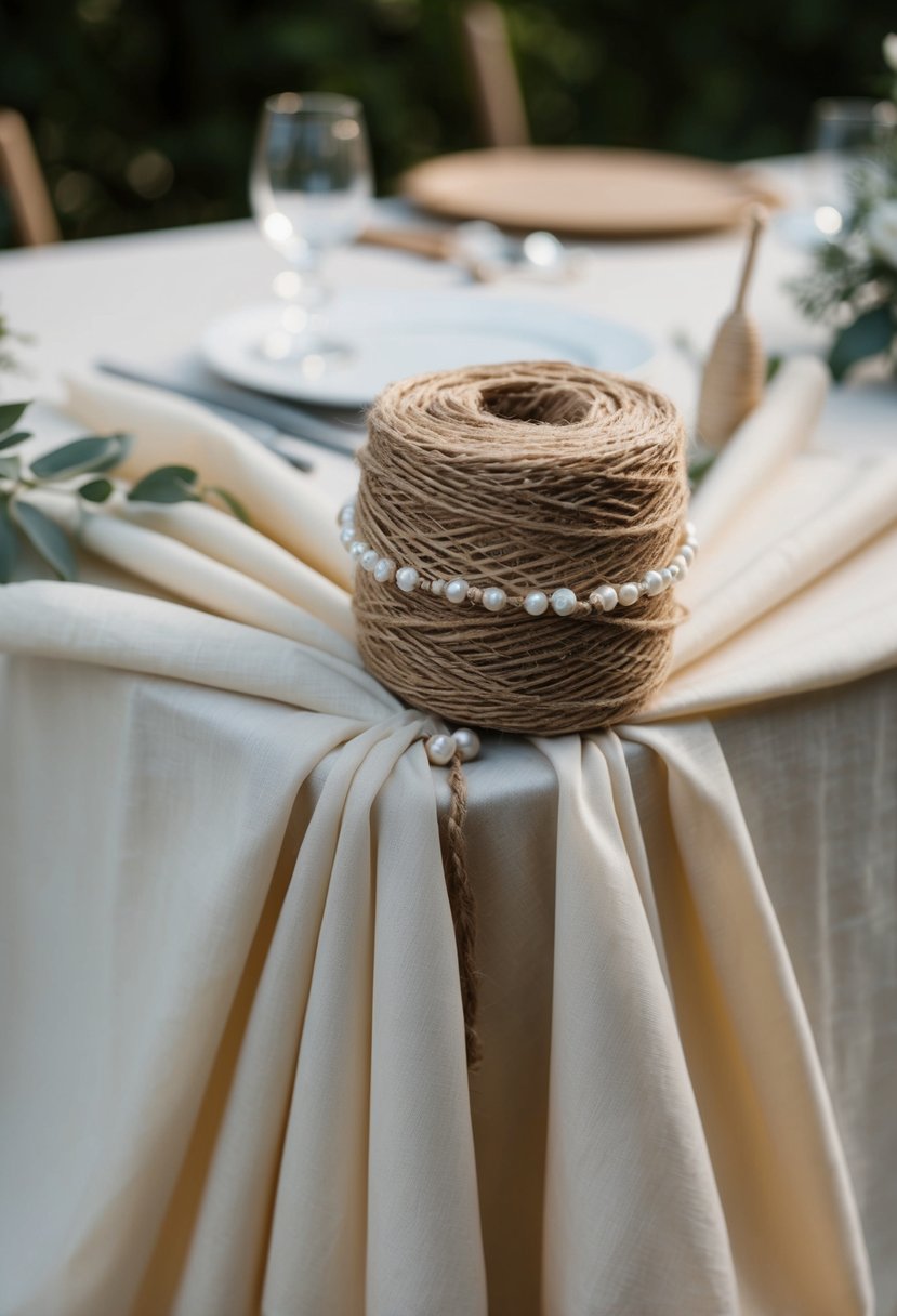 A roll of cheesecloth draped over a table, secured with twine and adorned with delicate beads for a rustic wedding decoration