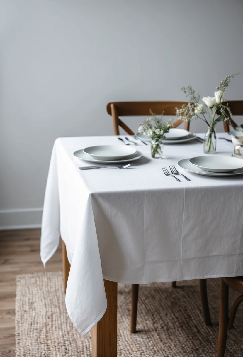 A simple table setting with a white cheesecloth draped over a wooden table, adorned with minimalistic dinnerware and a few small floral arrangements