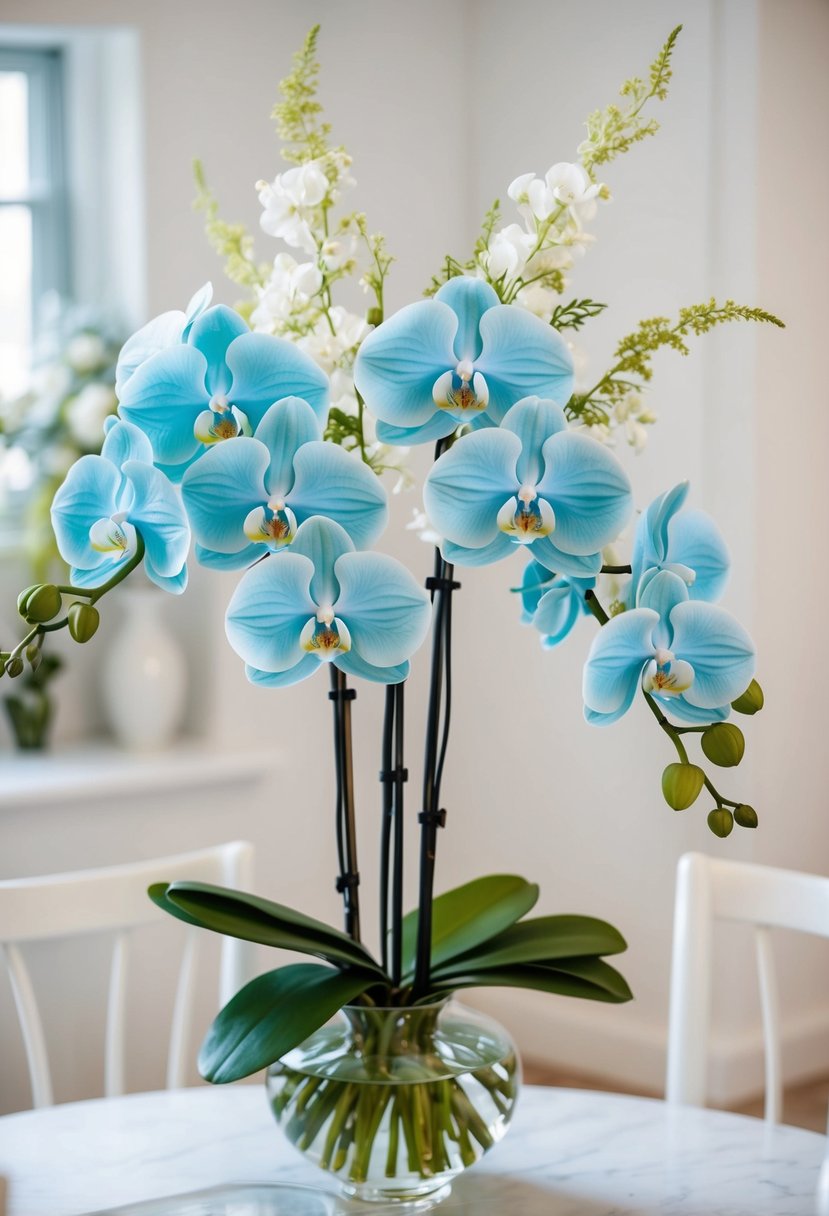 A soft, light blue orchid bouquet arranged in a clear glass vase with delicate greenery and white accents