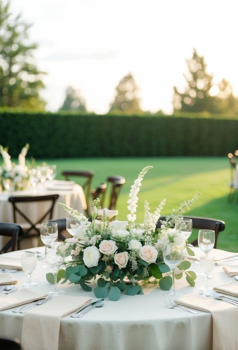 A table adorned with delicate floral arrangements on cheesecloth, creating a romantic and elegant wedding decoration