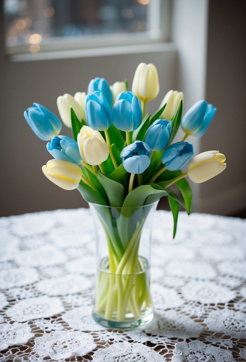 A bouquet of light blue sapphire and ivory tulips in a clear glass vase on a white lace tablecloth