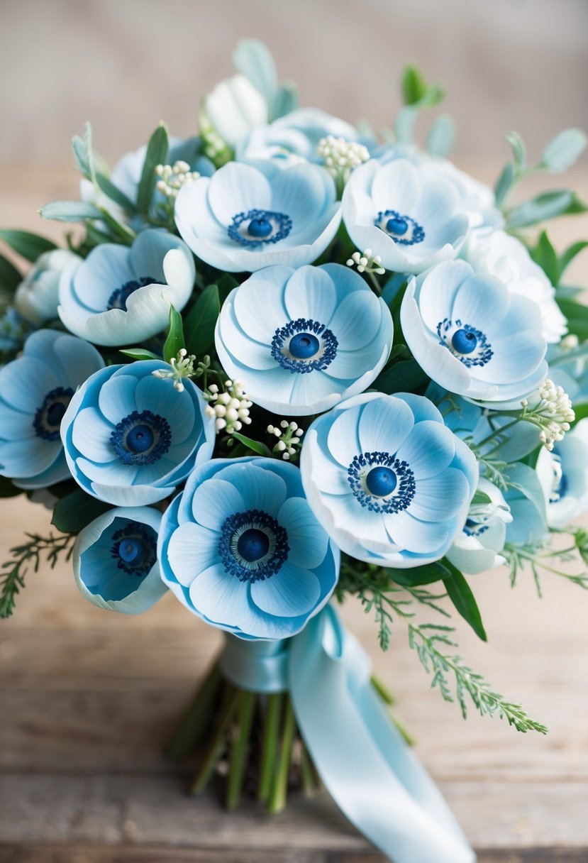 A bunch of powder blue anemones arranged in a light blue wedding bouquet, with delicate greenery and ribbon accents