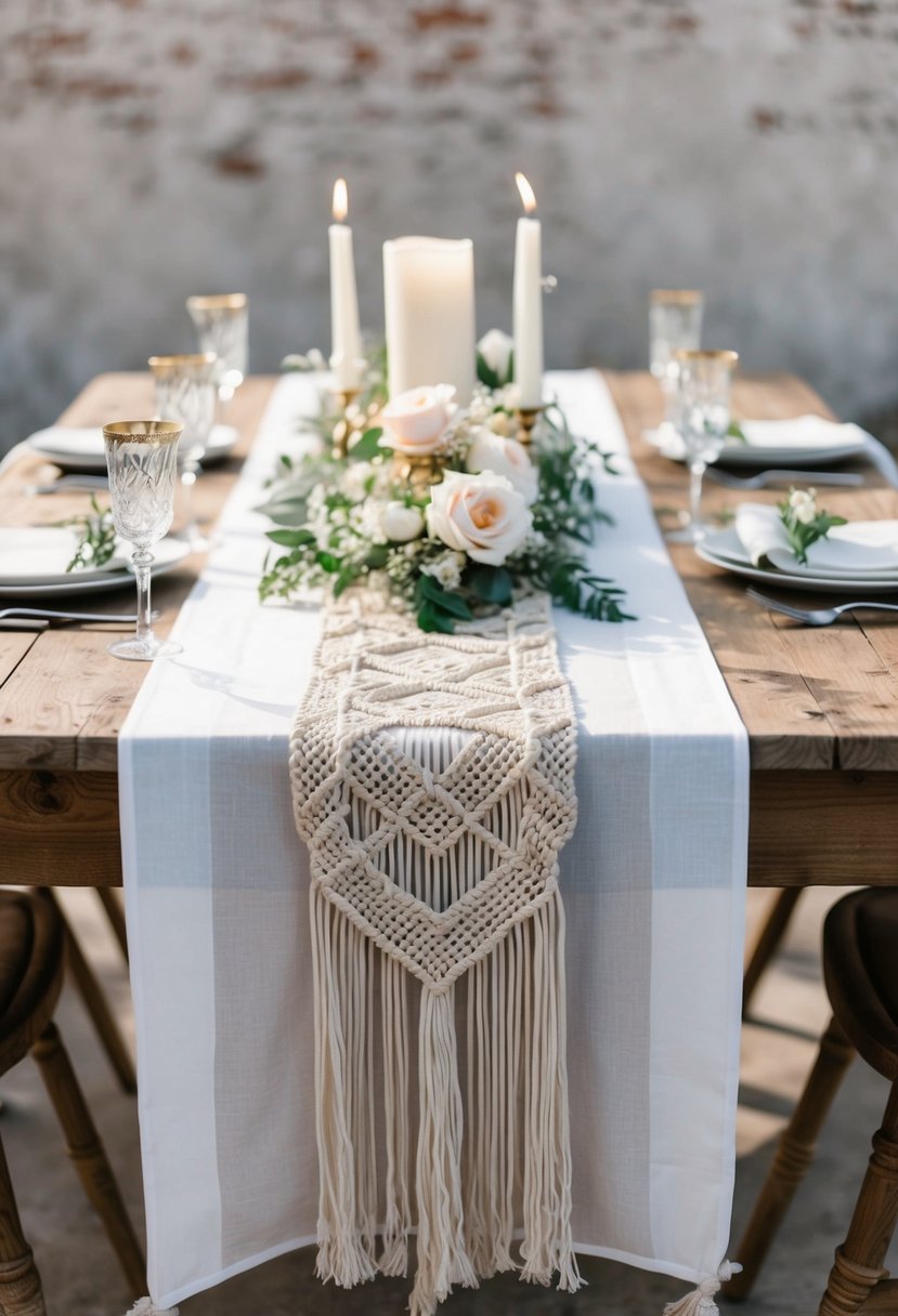 A macrame and cheesecloth wedding table runner drapes over a rustic wooden table, adorned with delicate flowers and candles