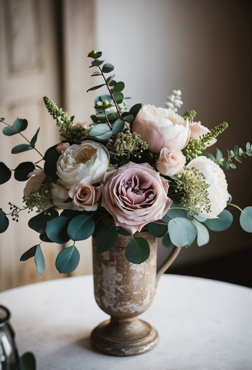 A dusty rose wedding bouquet with eucalyptus, peonies, and roses in a rustic, vintage vase