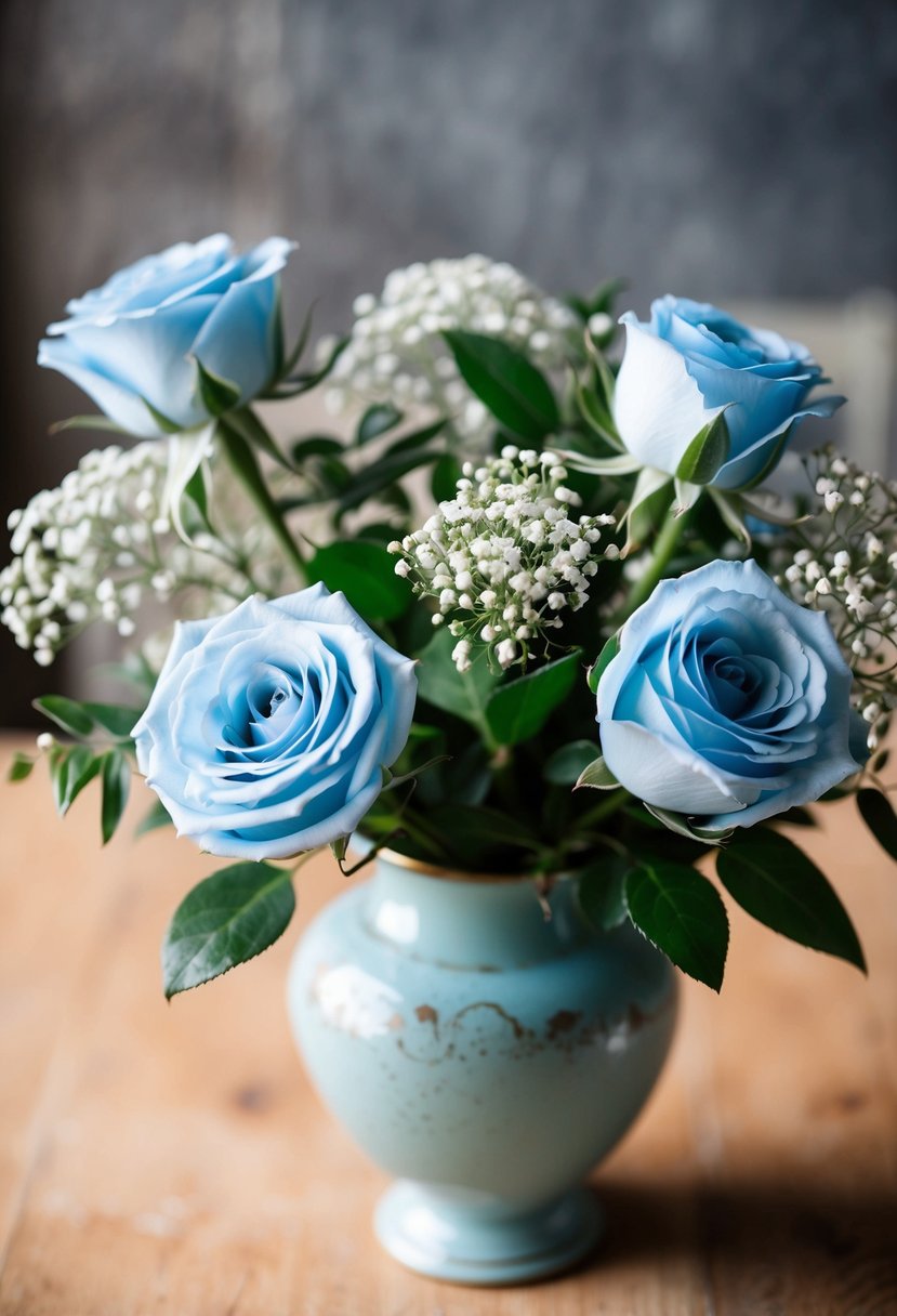 A delicate light blue rose bouquet with baby's breath and greenery, arranged in a vintage-inspired vase