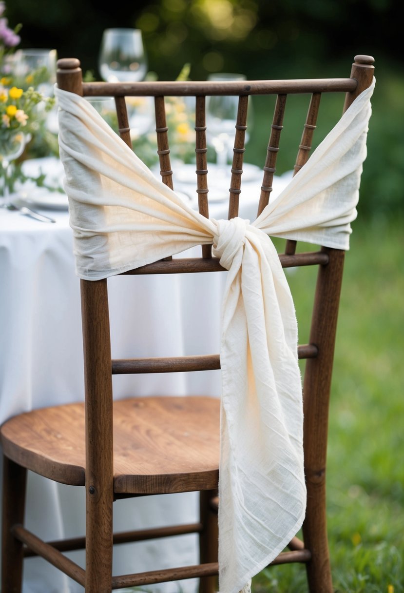 A rustic wooden chair with cheesecloth sashes draped over the back, tied in a loose, flowing knot. Wildflowers and greenery adorn the table