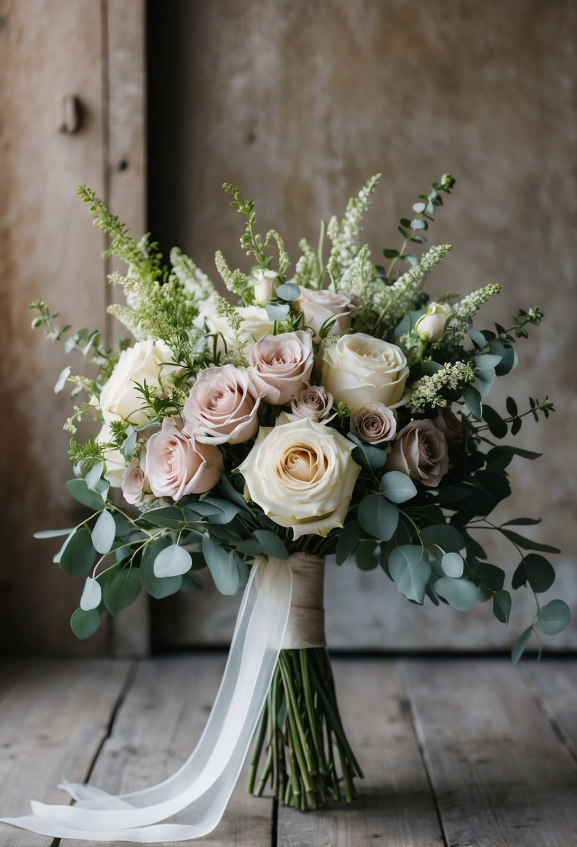 A cascading bouquet of soft cream and dusty rose flowers, with greenery and delicate ribbon, set against a rustic backdrop