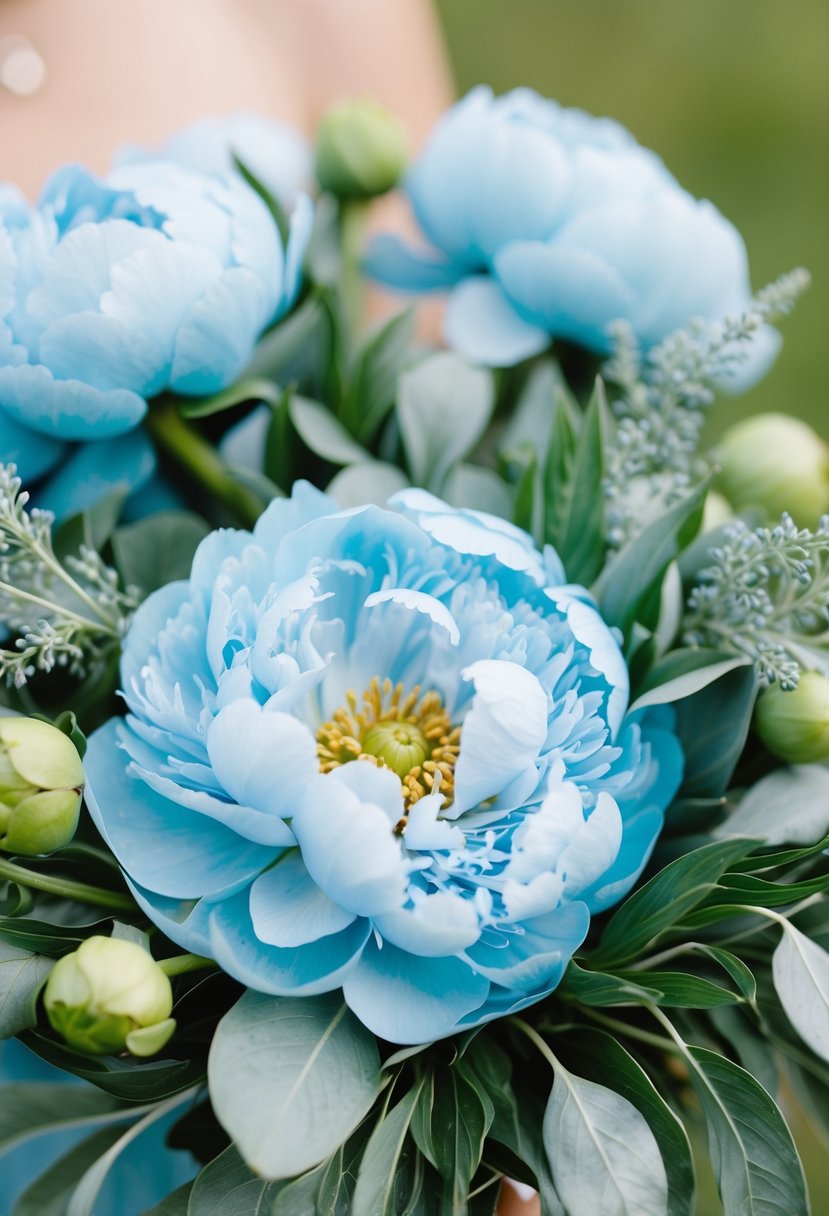 A delicate blue peony and sage green arrangement in a light blue wedding bouquet