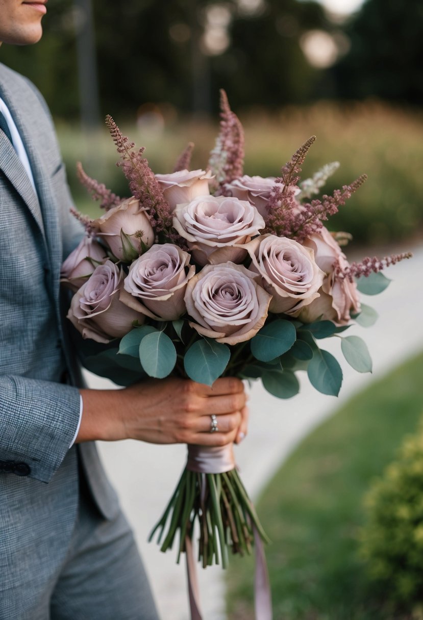 A hand-tied bouquet of dusty rose flowers with mauve accents