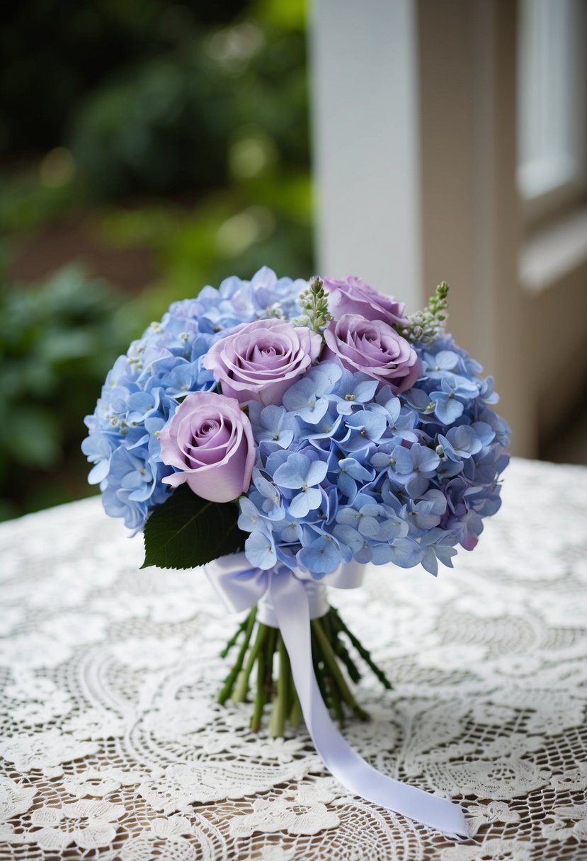 A delicate bouquet of light blue hydrangeas and lavender roses, tied with a satin ribbon, sits on a white lace tablecloth