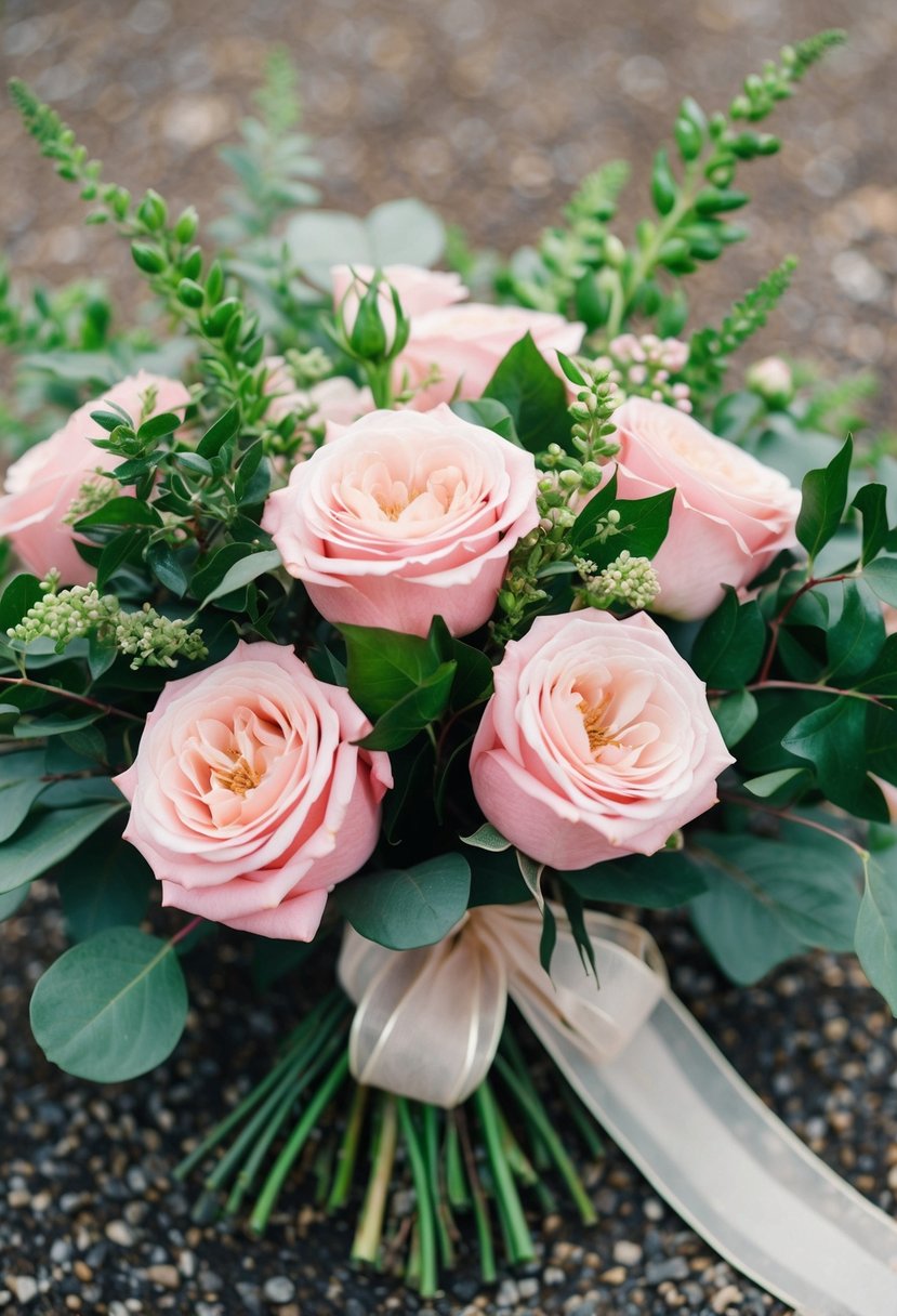 A lush bouquet of blush pink roses and greenery, tied with a delicate ribbon