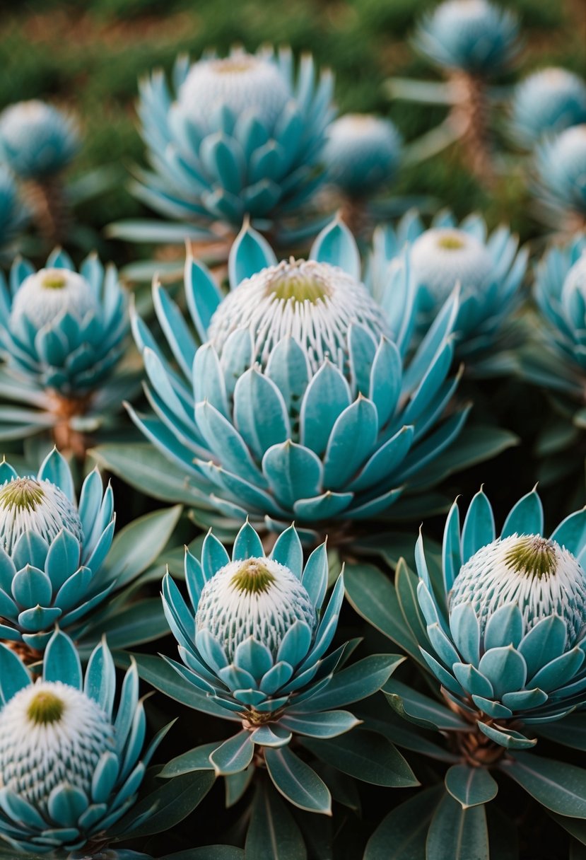 A cluster of teal blue protea flowers surrounded by light blue accent blooms