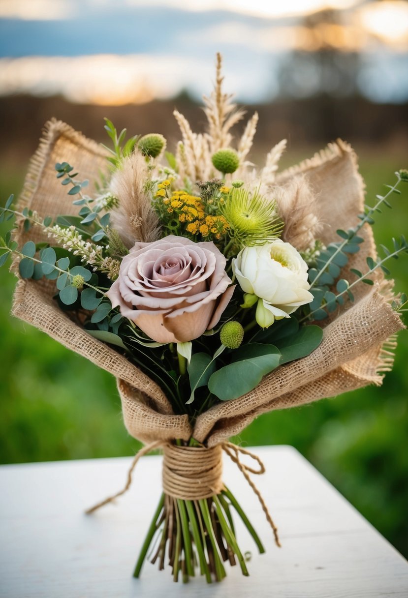 A rustic bouquet of dusty rose and burlap, with wildflowers and greenery, tied with twine