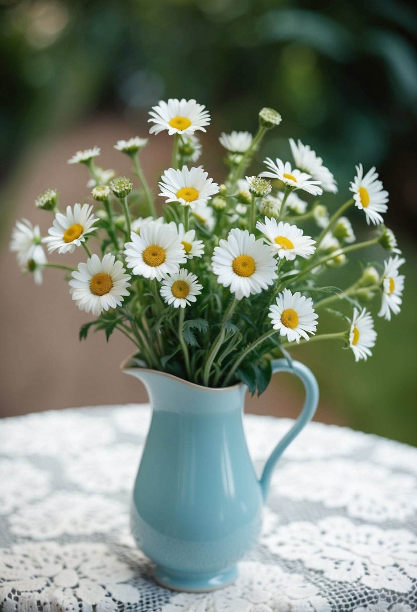 A delicate bouquet of cornflowers and white daisies in a light blue vase, placed on a lace-covered table