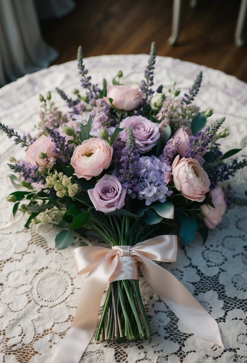 A lush bouquet of dusky pink and lavender flowers, tied with a satin ribbon, rests on a vintage lace tablecloth