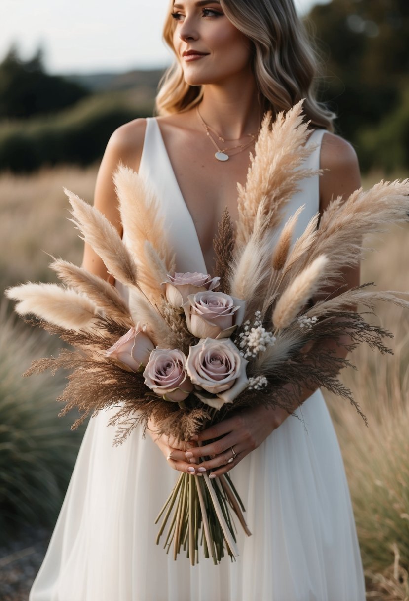 A bohemian dusty rose wedding bouquet with pampas grass and other dried flowers, arranged in an organic and flowing style