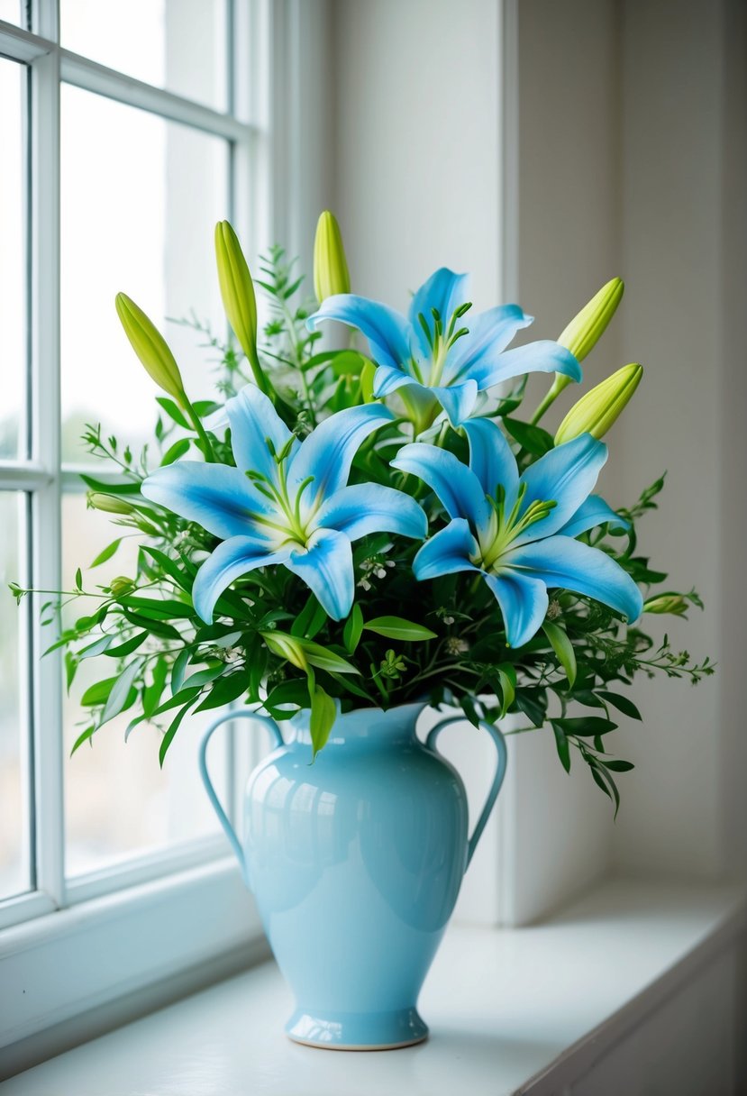 A delicate bouquet of sky blue lilies and foliage, arranged in a light blue vase, with soft natural light streaming in from a nearby window