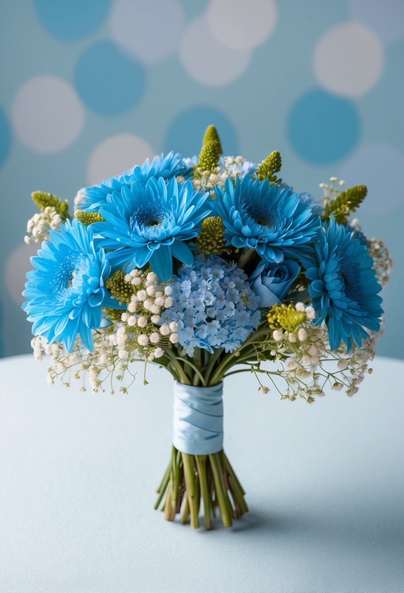 A delicate wedding bouquet with cerulean chrysanthemums and gypsophila, arranged in a light blue color scheme