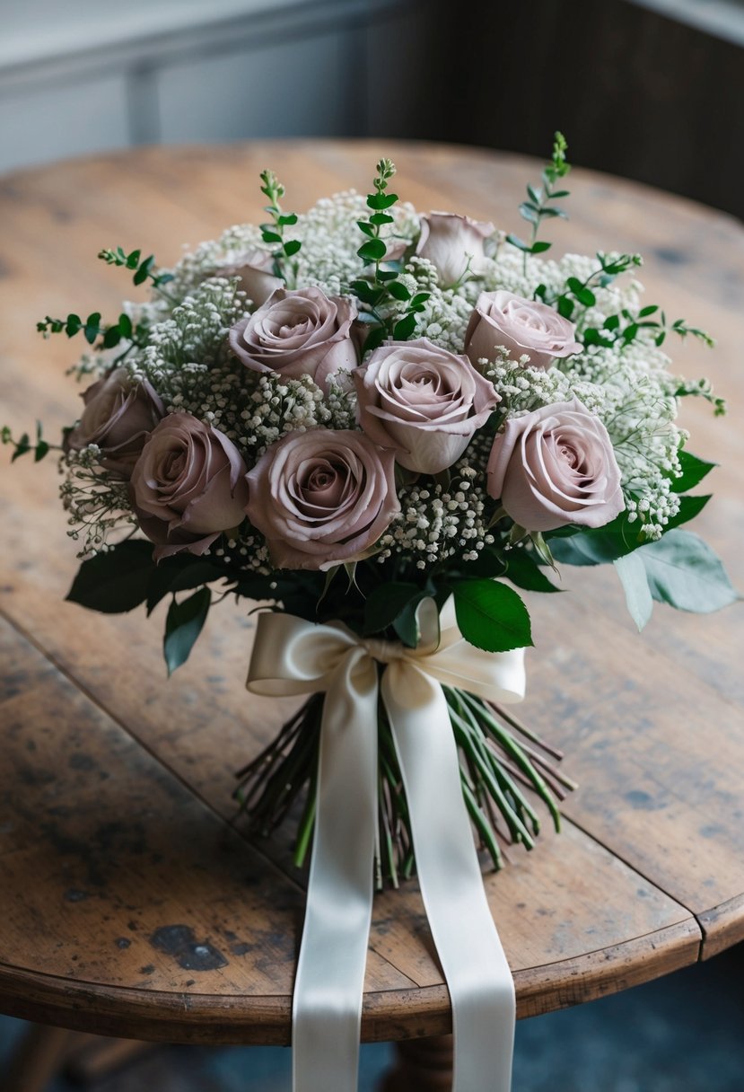 A lush bouquet of dusty rose roses and delicate baby's breath, tied with a satin ribbon, sits on a weathered wooden table