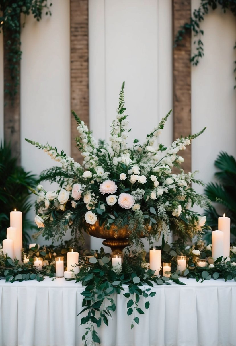 A large floral arrangement surrounded by candles and greenery, atop a white tablecloth