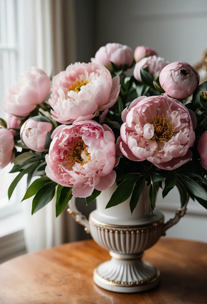 A lush arrangement of romantic dusty rose peonies in a vintage-inspired vase