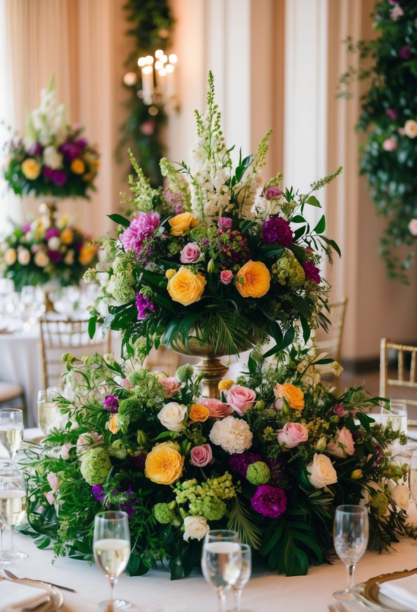 Lush, overflowing floral compotes adorn a wedding table, bursting with vibrant blooms and greenery in a stunning centerpiece display