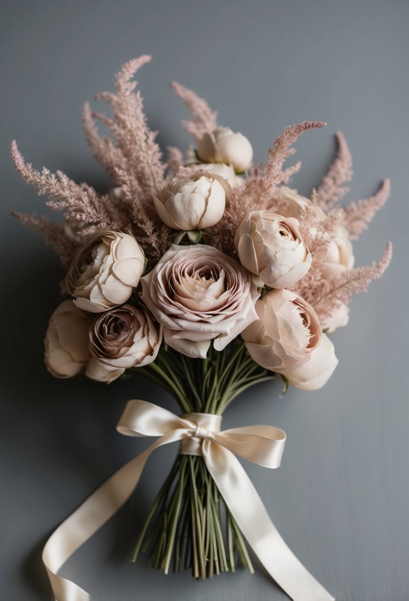 A delicate bouquet of dusty rose silk flowers, tied with a flowing ribbon