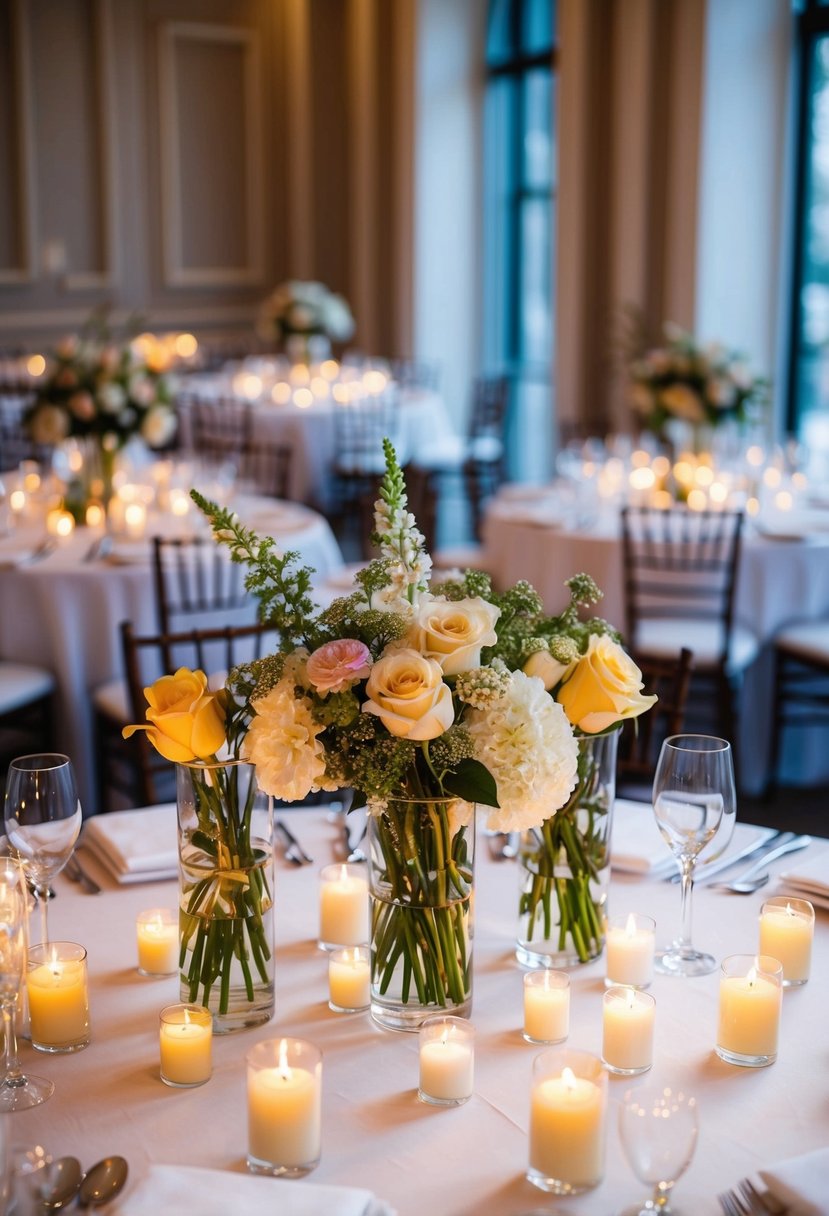 Elegant glass vases filled with flowers, surrounded by flickering candles, adorn the center of a beautifully set wedding table