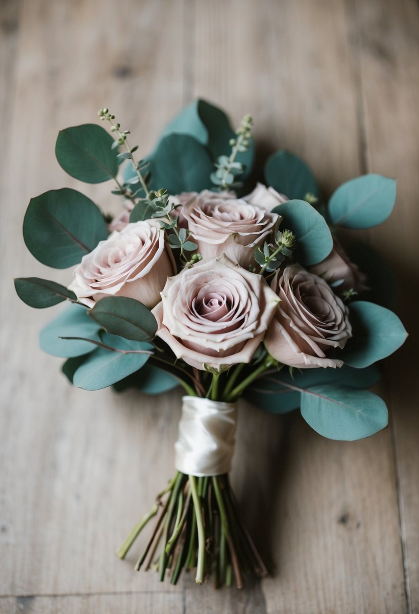 A delicate dusty rose wedding bouquet with eucalyptus leaves, tied with a satin ribbon