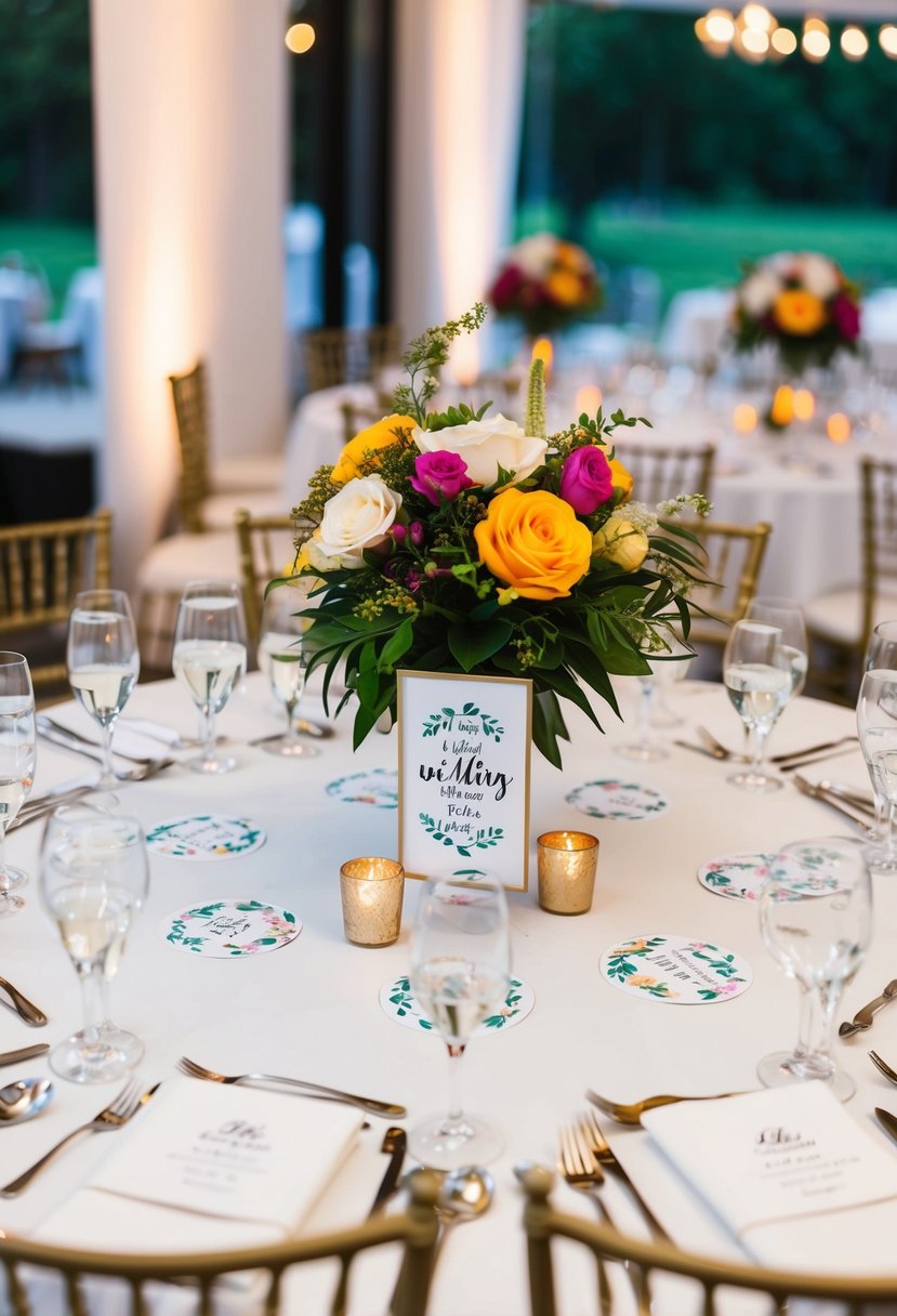 A round wedding table adorned with custom printed vinyl clings as centrepieces, featuring elegant designs and vibrant colors