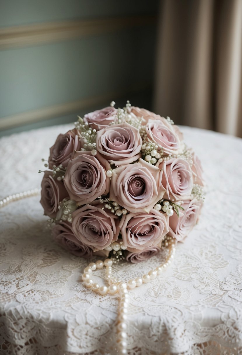 A chic dusty rose wedding bouquet adorned with pearls rests on a vintage lace tablecloth