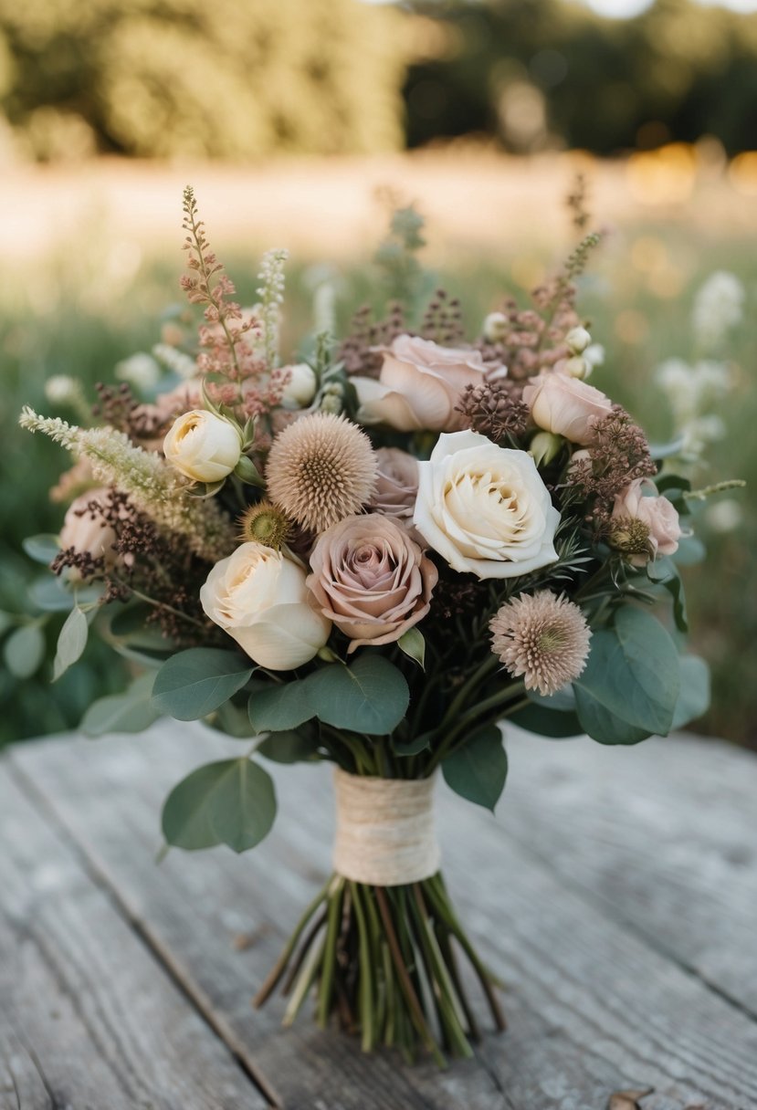 A whimsical dusty rose wildflower mix in a rustic, vintage-inspired wedding bouquet