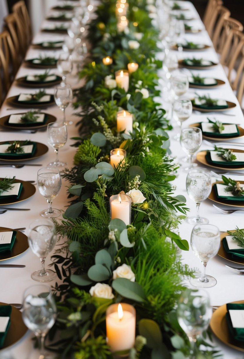 A long table adorned with vibrant greenery runners, creating a lush and natural centrepiece for a wedding celebration