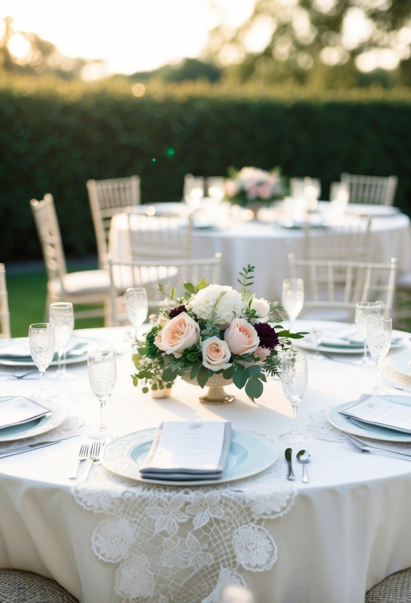 A table set with white lace tablecloth, floral centerpieces, and elegant place settings