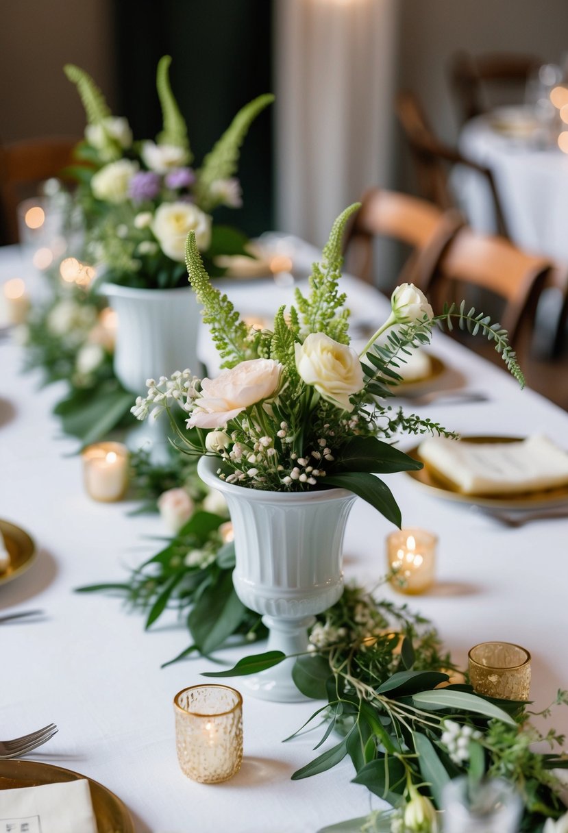 A collection of mini compote vases filled with delicate flowers and greenery arranged in a cascading centerpiece for a wedding table