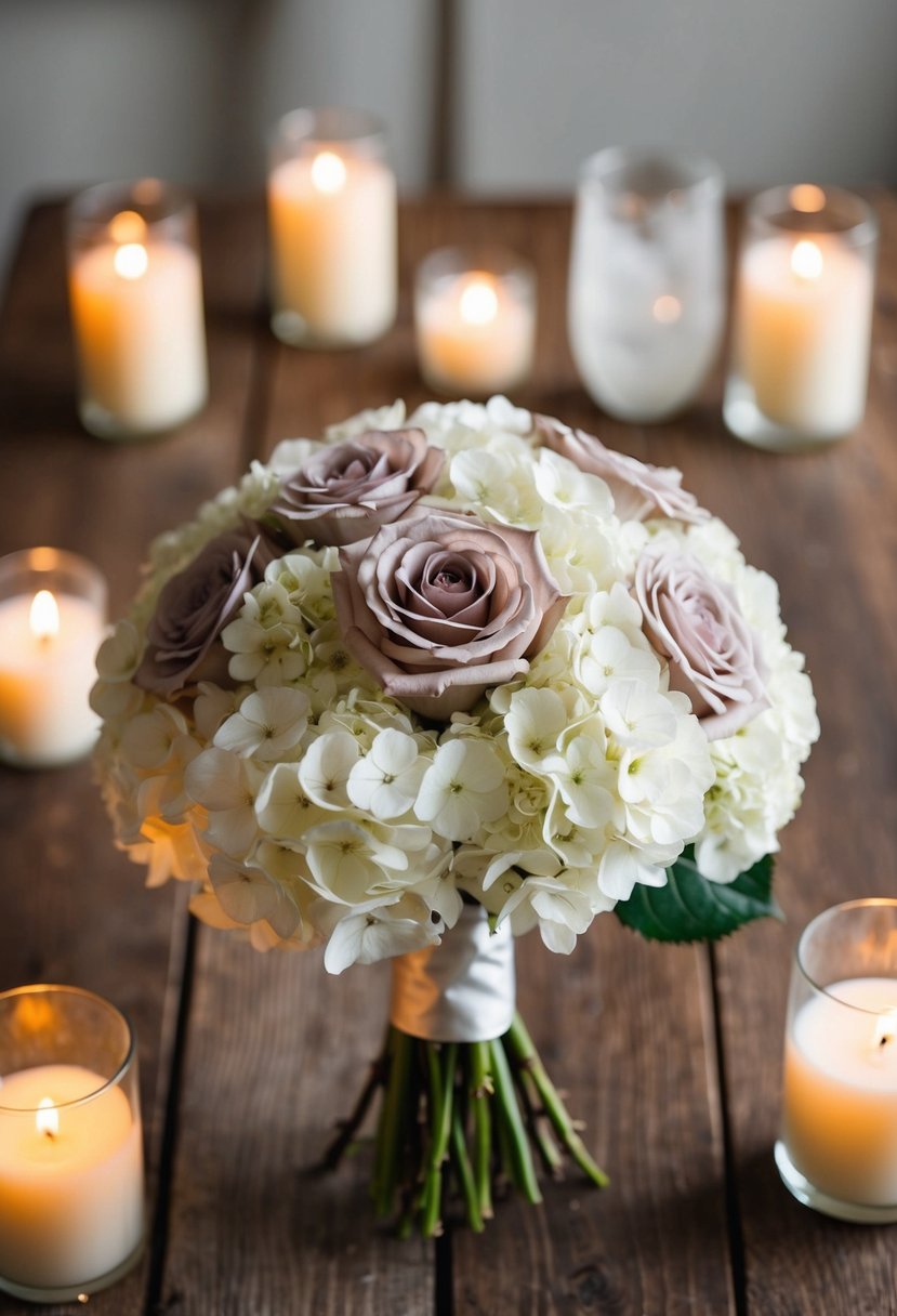 A classic dusty rose wedding bouquet with white hydrangeas sits on a rustic wooden table, surrounded by soft candlelight