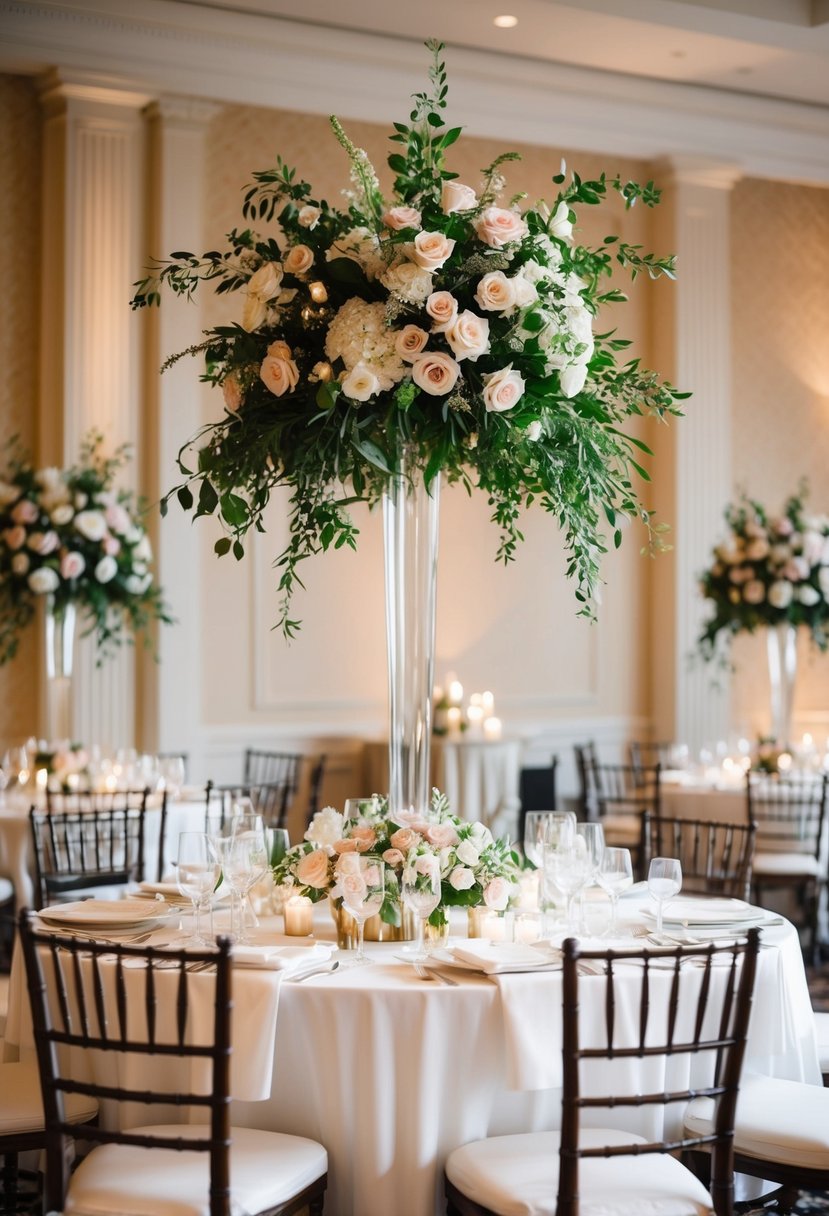 Tall floral centerpieces stand on elegant wedding tables