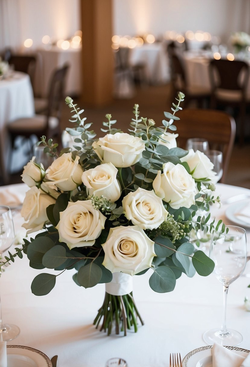 A white roses and eucalyptus arrangement sits in the center of a wedding table, exuding a classic and elegant vibe