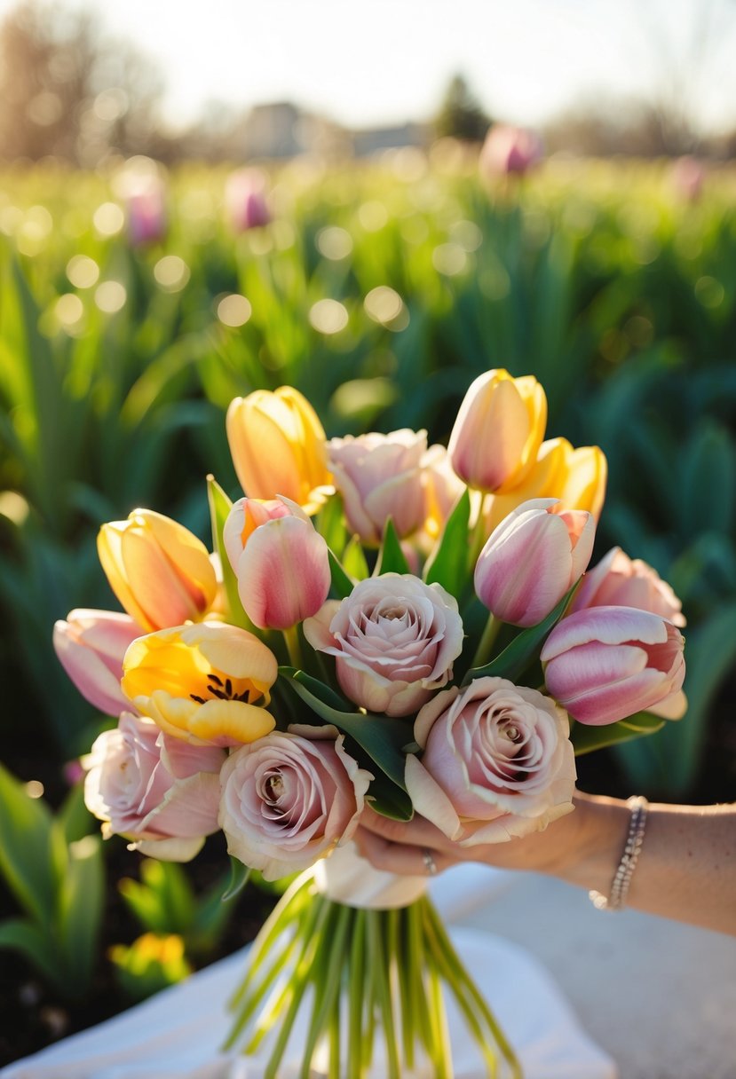 Sun-kissed tulips in a dusty rose wedding bouquet, bathed in warm sunlight