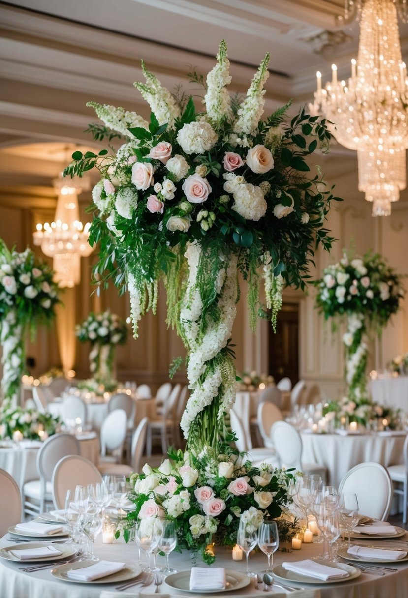 Lush, towering floral centerpieces adorn elegant wedding tables, featuring cascading blooms and greenery in a classic, romantic setting